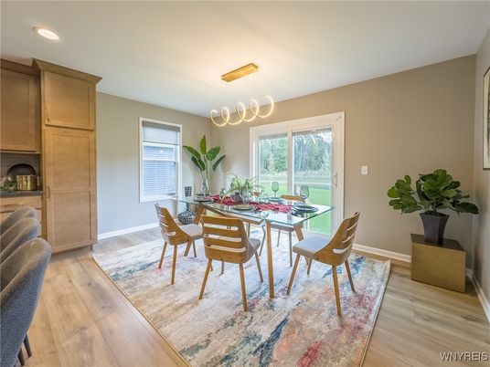 Dining room, Interior, Pendant Lights, Recessed Lighting, Wood Texture Flooring