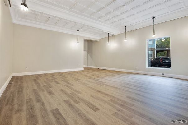 Empty room, Interior, Pendant Lights, Wood Texture Flooring