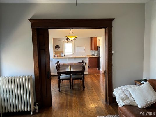 Dining room, Interior, Kitchen, Pendant Lights, Wood Texture Flooring