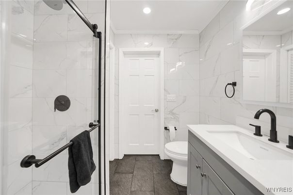 Bathroom, Glass Shower, Interior, Marble Walls, Recessed Lighting