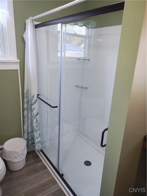 Bathroom, Glass Shower, Interior, Wood Texture Flooring
