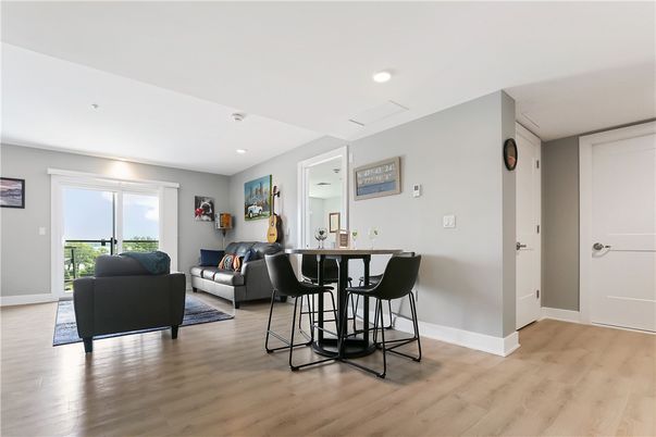 Dining room, Interior, Living room, Recessed Lighting, Wood Texture Flooring