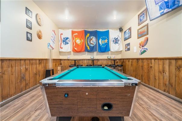 Billiard Table, Game Room, Interior, Recessed Lighting, Wood Texture Flooring, Wooden Walls