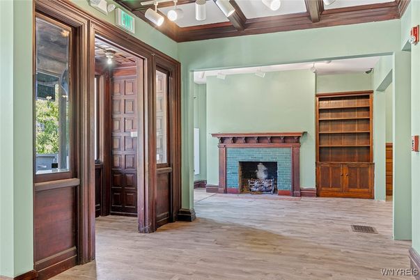 Empty room, Fireplace, Interior, Pendant Lights, Wood Texture Flooring