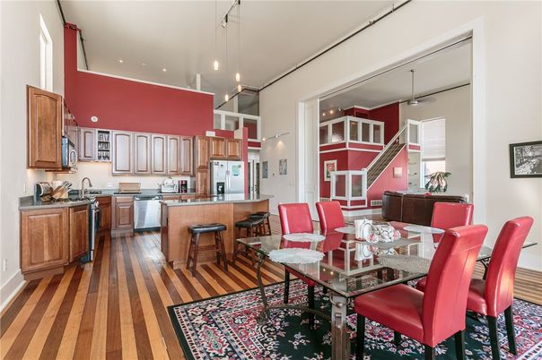 Dining room, Interior, Kitchen, Pendant Lights, Recessed Lighting, Wood Texture Flooring