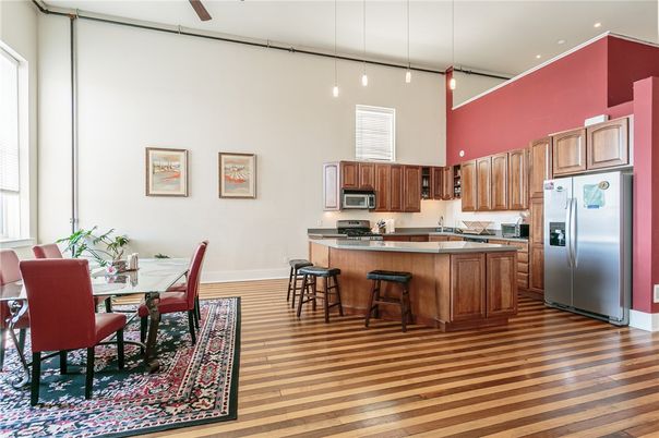 Dining room, Interior, Kitchen, Pendant Lights, Recessed Lighting, Stainless Steel Appliances, Wood Texture Flooring