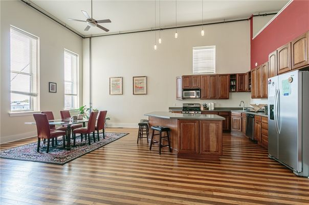 Dining room, Interior, Kitchen, Pendant Lights, Stainless Steel Appliances, Wood Texture Flooring