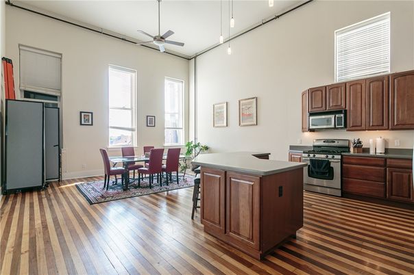 Dining room, Interior, Kitchen, Stainless Steel Appliances, Wood Texture Flooring