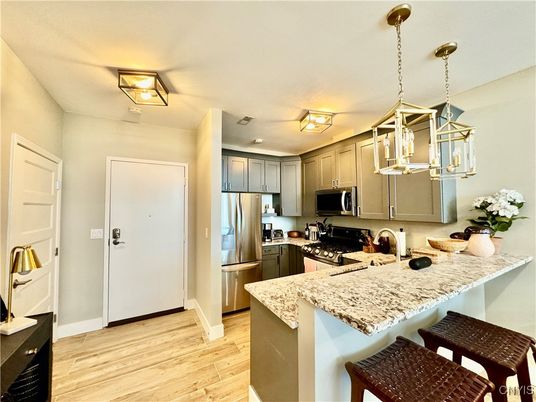 Interior, Kitchen, Pendant Lights, Stainless Steel Appliances, Wood Texture Flooring