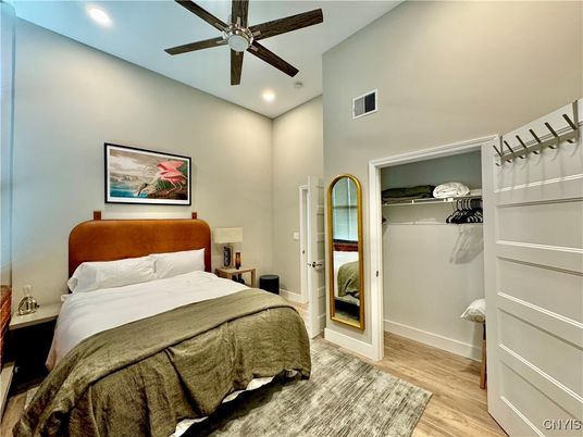 Bedroom, Interior, Recessed Lighting, Wood Texture Flooring