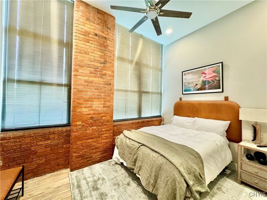 Bedroom, Interior, Recessed Lighting, Stone Walls, Wood Texture Flooring