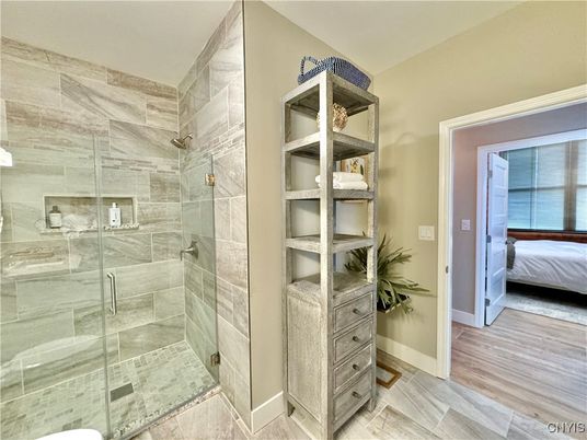 Bathroom, Bedroom, Glass Shower, Interior, Wood Texture Flooring