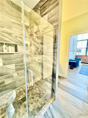 Bathroom, Glass Shower, Interior, Wood Texture Flooring