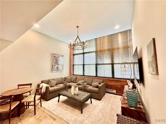 Dining room, Interior, Living room, Pendant Lights, Recessed Lighting, Wood Texture Flooring