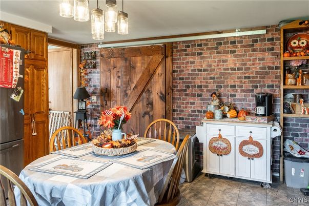 Dining room, Interior, Pendant Lights, Stone Walls