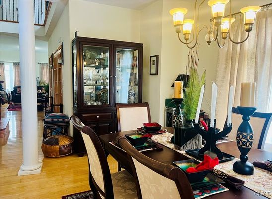Chandelier, Dining room, Interior, Wood Texture Flooring