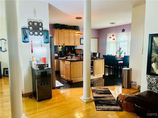 Dining room, Interior, Kitchen, Pendant Lights, Wood Texture Flooring