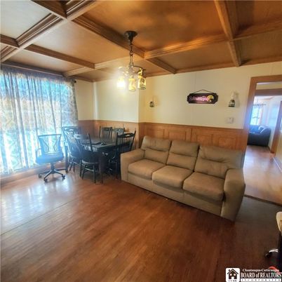 Dining room, Interior, Living room, Pendant Lights, Wooden Beams, Wood Texture Flooring