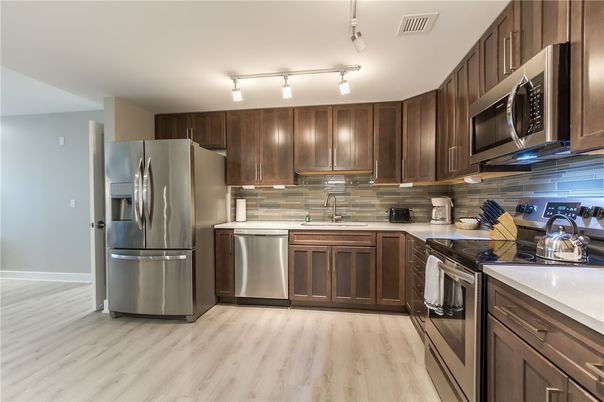 Interior, Kitchen, Stainless Steel Appliances, Wood Texture Flooring