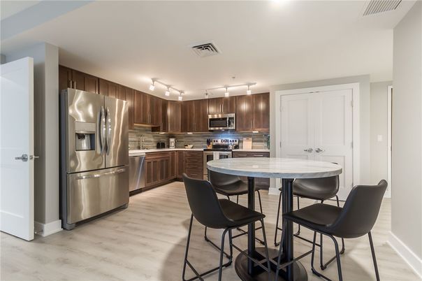 Dining room, Interior, Kitchen, Stainless Steel Appliances, Wood Texture Flooring