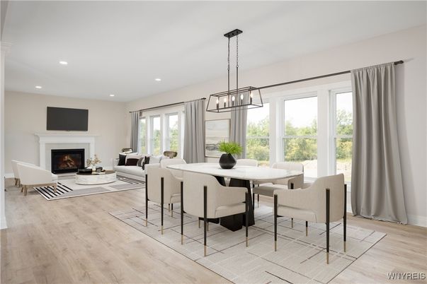 Dining room, Fireplace, Interior, Living room, Pendant Lights, Recessed Lighting, Wood Texture Flooring