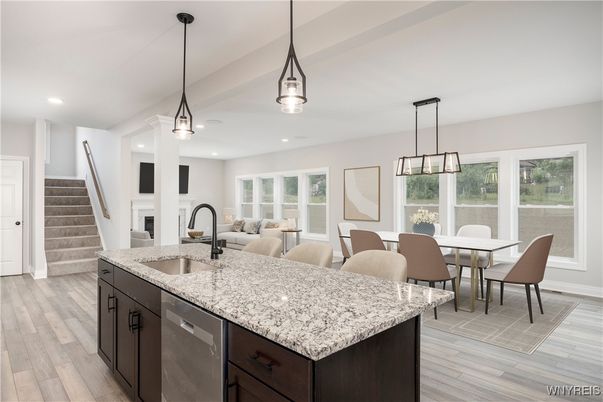 Dining room, Interior, Kitchen, Living room, Pendant Lights, Recessed Lighting, Wood Texture Flooring