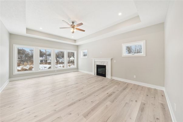 Empty room, Fireplace, Interior, Recessed Lighting, Wood Texture Flooring