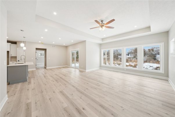 Empty room, Interior, Kitchen, Pendant Lights, Recessed Lighting, Wood Texture Flooring