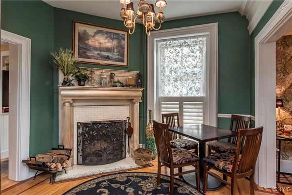 Chandelier, Dining room, Fireplace, Interior, Wood Texture Flooring