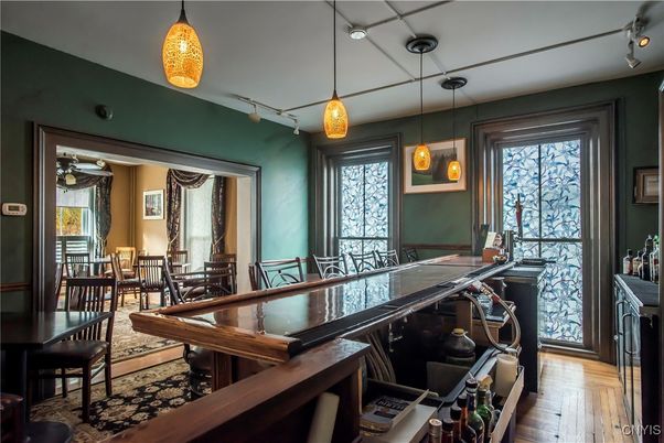 Dining room, Interior, Pendant Lights, Wood Texture Flooring