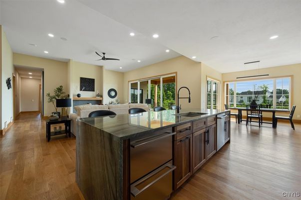 Dining room, Interior, Kitchen, Pendant Lights, Recessed Lighting, Wood Texture Flooring
