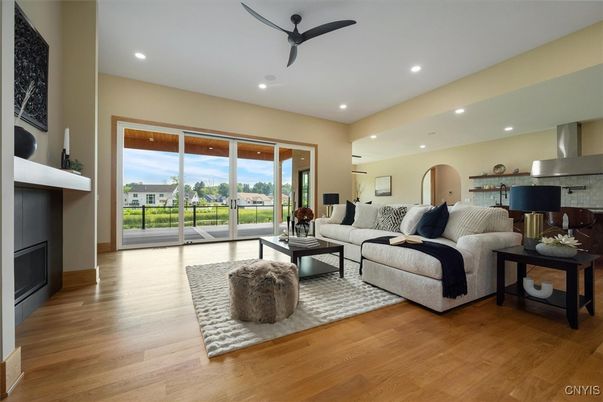 Fireplace, Interior, Kitchen, Living room, Recessed Lighting, Wood Texture Flooring