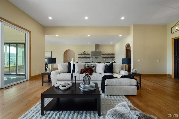 Interior, Kitchen, Living room, Recessed Lighting, Wood Texture Flooring