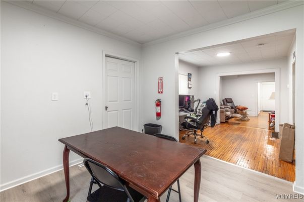 Dining room, Interior, Recessed Lighting, Wood Texture Flooring