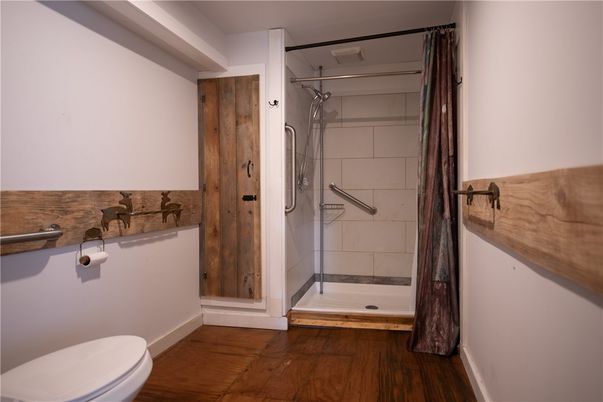 Bathroom, Glass Shower, Interior, Wood Texture Flooring