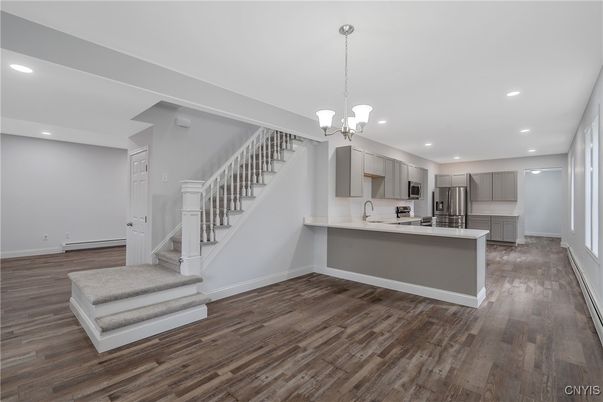 Interior, Kitchen, Pendant Lights, Recessed Lighting, Stainless Steel Appliances, Wood Texture Flooring