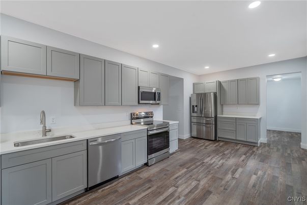 Interior, Kitchen, Recessed Lighting, Stainless Steel Appliances, Wood Texture Flooring