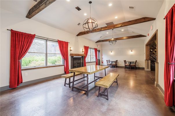 Chandelier, Dining room, Fireplace, Interior, Pendant Lights, Recessed Lighting, Wooden Beams