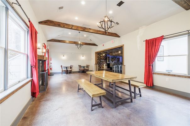 Dining room, Interior, Pendant Lights, Recessed Lighting, Wooden Beams