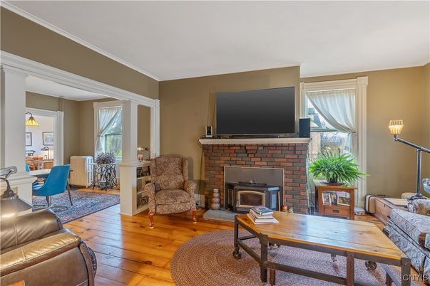 Dining room, Fireplace, Interior, Wood Texture Flooring