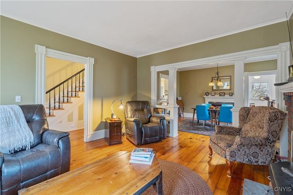 Dining room, Fireplace, Interior, Living room, Pendant Lights, Wood Texture Flooring
