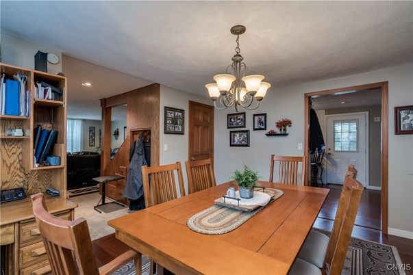 Chandelier, Dining room, Interior, Recessed Lighting, Wood Texture Flooring