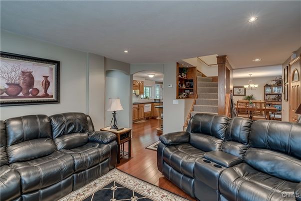 Chandelier, Home Theatre Room, Dining room, Interior, Living room, Recessed Lighting, Wood Texture Flooring