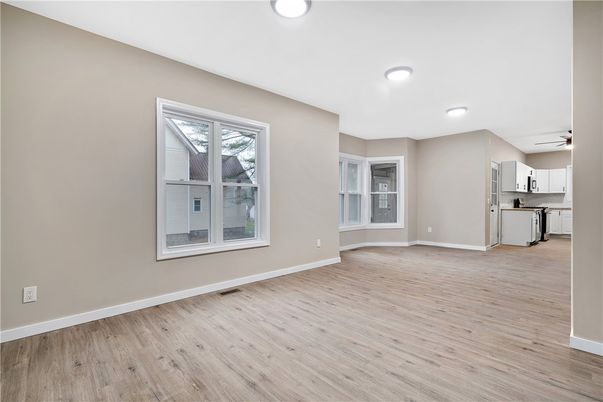 Empty room, Interior, Kitchen, Recessed Lighting, Wood Texture Flooring