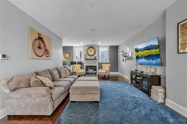Fireplace, Interior, Living room, Recessed Lighting, Wood Texture Flooring
