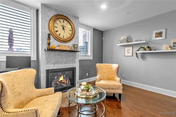 Fireplace, Interior, Living room, Recessed Lighting, Wood Texture Flooring