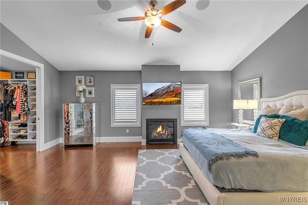 Bedroom, Fireplace, Interior, Wood Texture Flooring