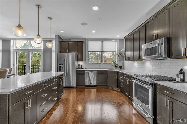 Interior, Kitchen, Pendant Lights, Recessed Lighting, Stainless Steel Appliances, Wood Texture Flooring