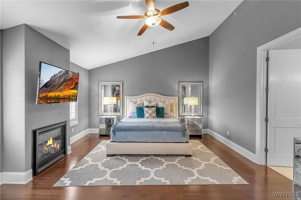 Bedroom, Fireplace, Interior, Wood Texture Flooring