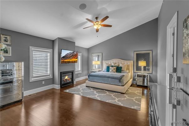 Bedroom, Fireplace, Interior, Wood Texture Flooring